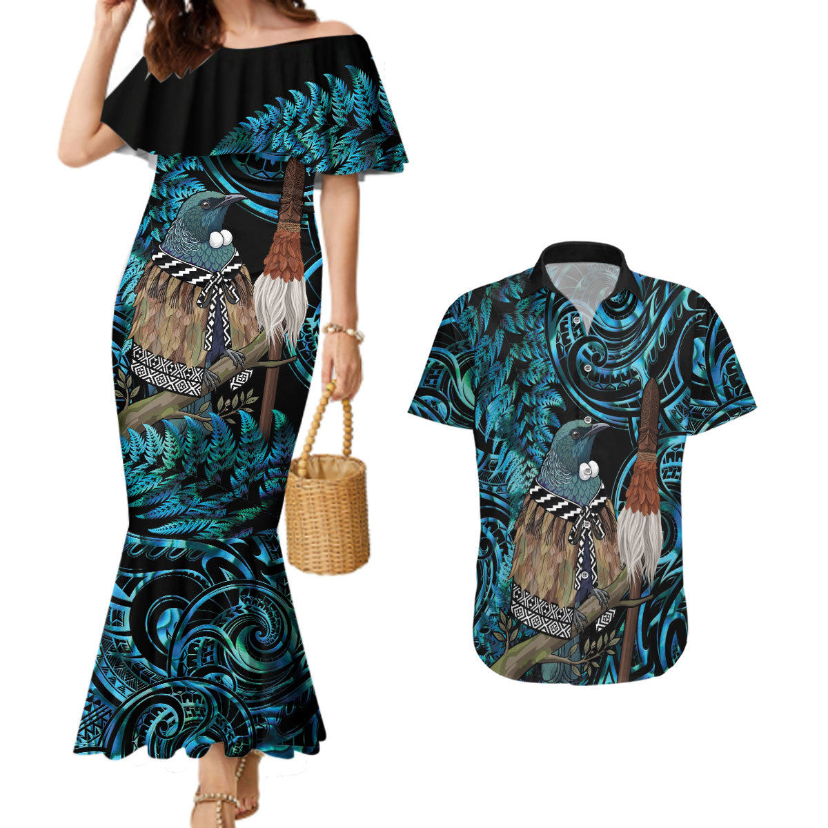 New Zealand Tui Bird Taiaha Couples Matching Mermaid Dress and Hawaiian Shirt Maori Weapon Paua Shell Mix Silver Fern