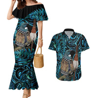 New Zealand Tui Bird Taiaha Couples Matching Mermaid Dress and Hawaiian Shirt Maori Weapon Paua Shell Mix Silver Fern