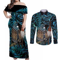 New Zealand Tui Bird Taiaha Couples Matching Off Shoulder Maxi Dress and Long Sleeve Button Shirt Maori Weapon Paua Shell Mix Silver Fern