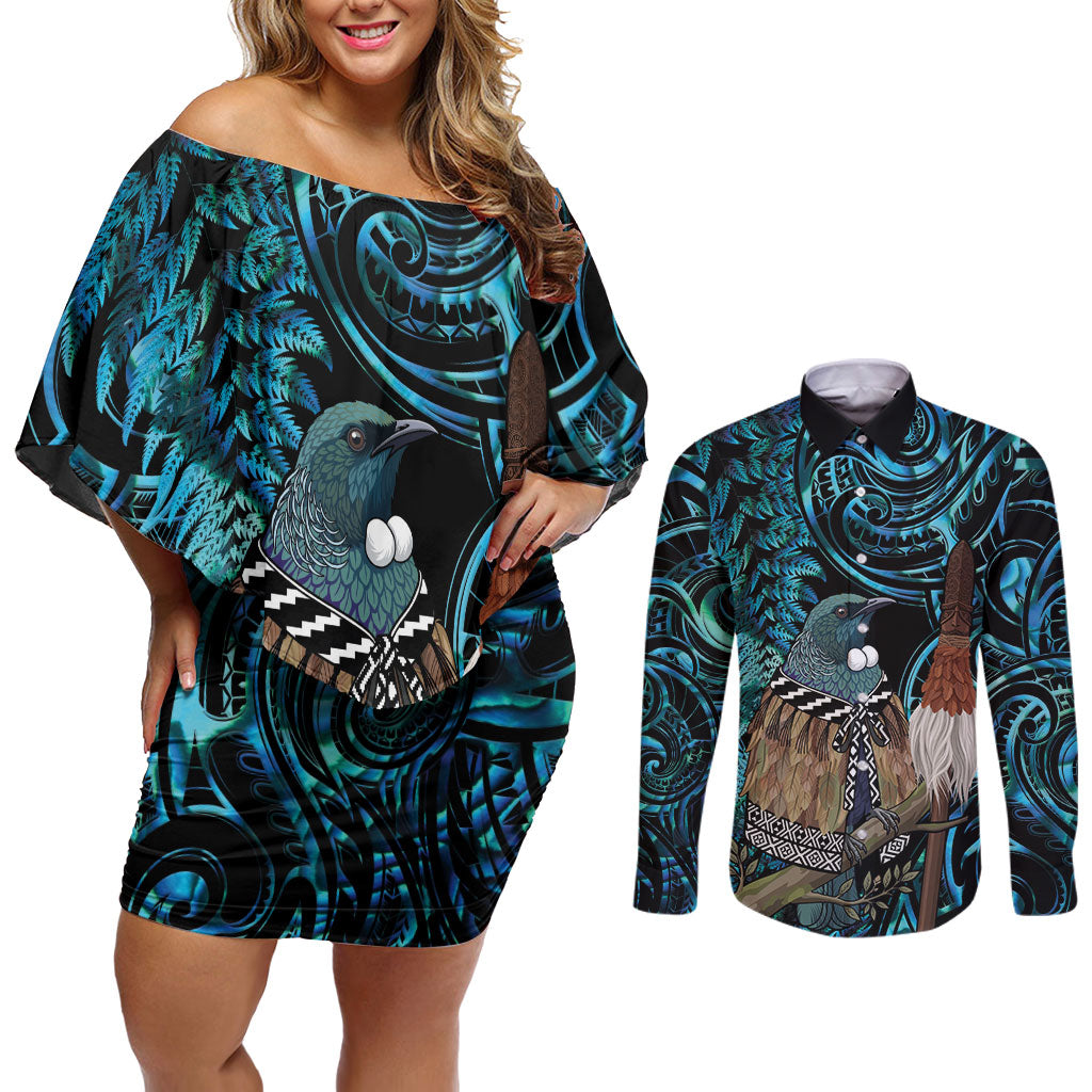New Zealand Tui Bird Taiaha Couples Matching Off Shoulder Short Dress and Long Sleeve Button Shirt Maori Weapon Paua Shell Mix Silver Fern LT14 Turquoise - Polynesian Pride