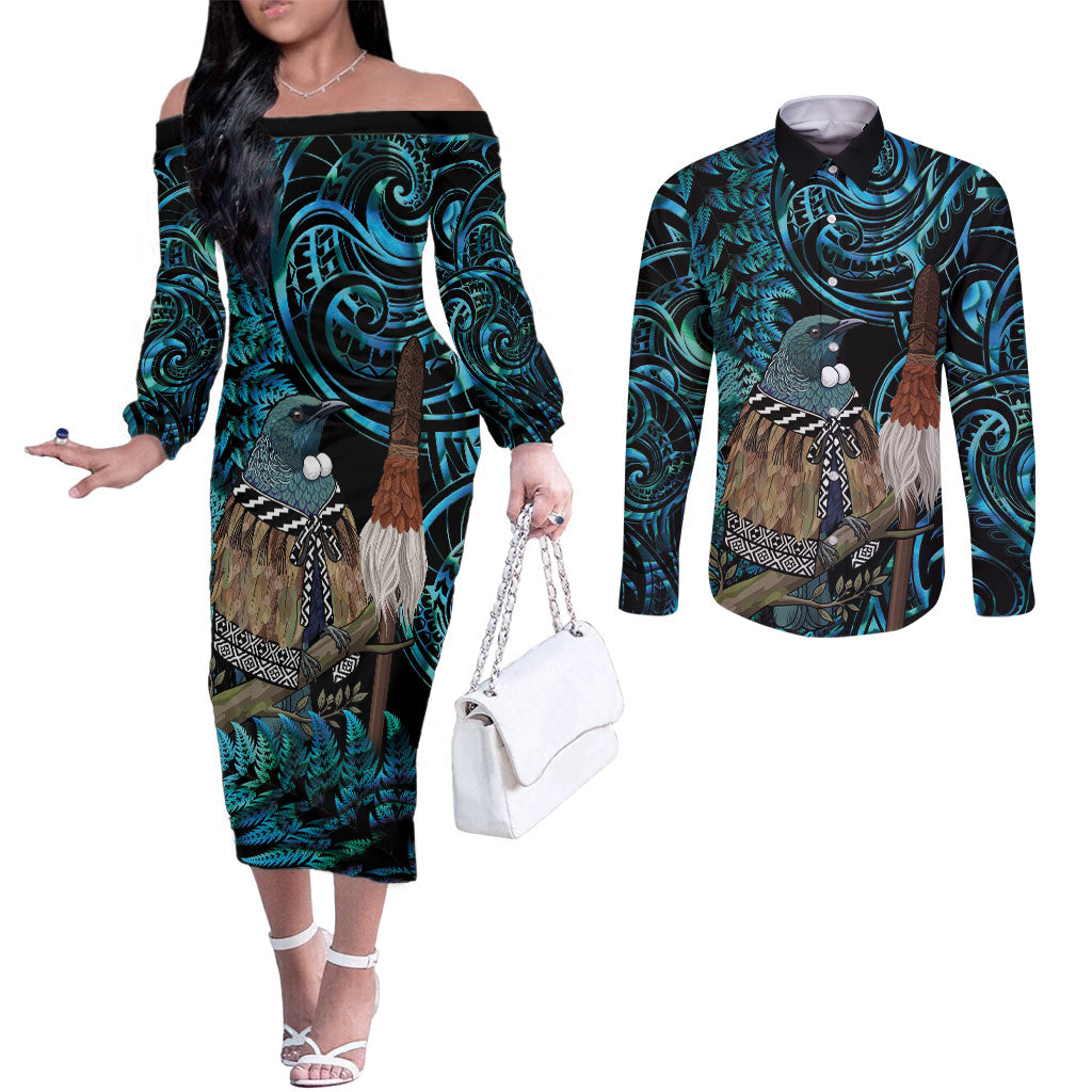 New Zealand Tui Bird Taiaha Couples Matching Off The Shoulder Long Sleeve Dress and Long Sleeve Button Shirt Maori Weapon Paua Shell Mix Silver Fern LT14 Turquoise - Polynesian Pride