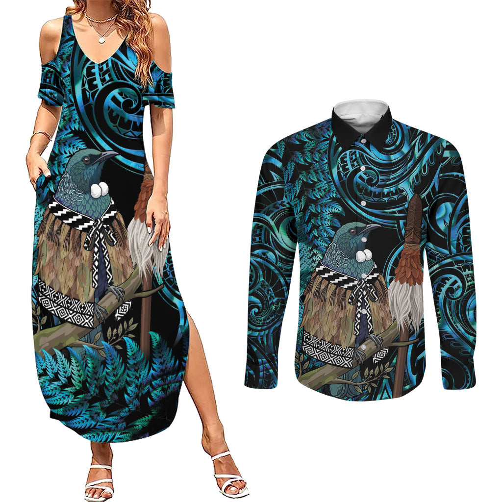 New Zealand Tui Bird Taiaha Couples Matching Summer Maxi Dress and Long Sleeve Button Shirt Maori Weapon Paua Shell Mix Silver Fern LT14 Turquoise - Polynesian Pride