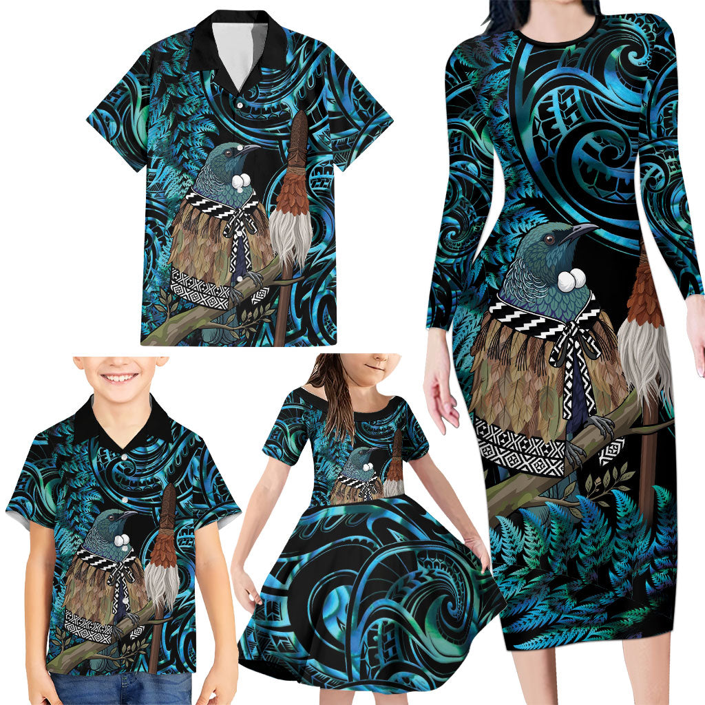 New Zealand Tui Bird Taiaha Family Matching Long Sleeve Bodycon Dress and Hawaiian Shirt Maori Weapon Paua Shell Mix Silver Fern LT14 - Polynesian Pride