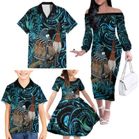 New Zealand Tui Bird Taiaha Family Matching Off The Shoulder Long Sleeve Dress and Hawaiian Shirt Maori Weapon Paua Shell Mix Silver Fern