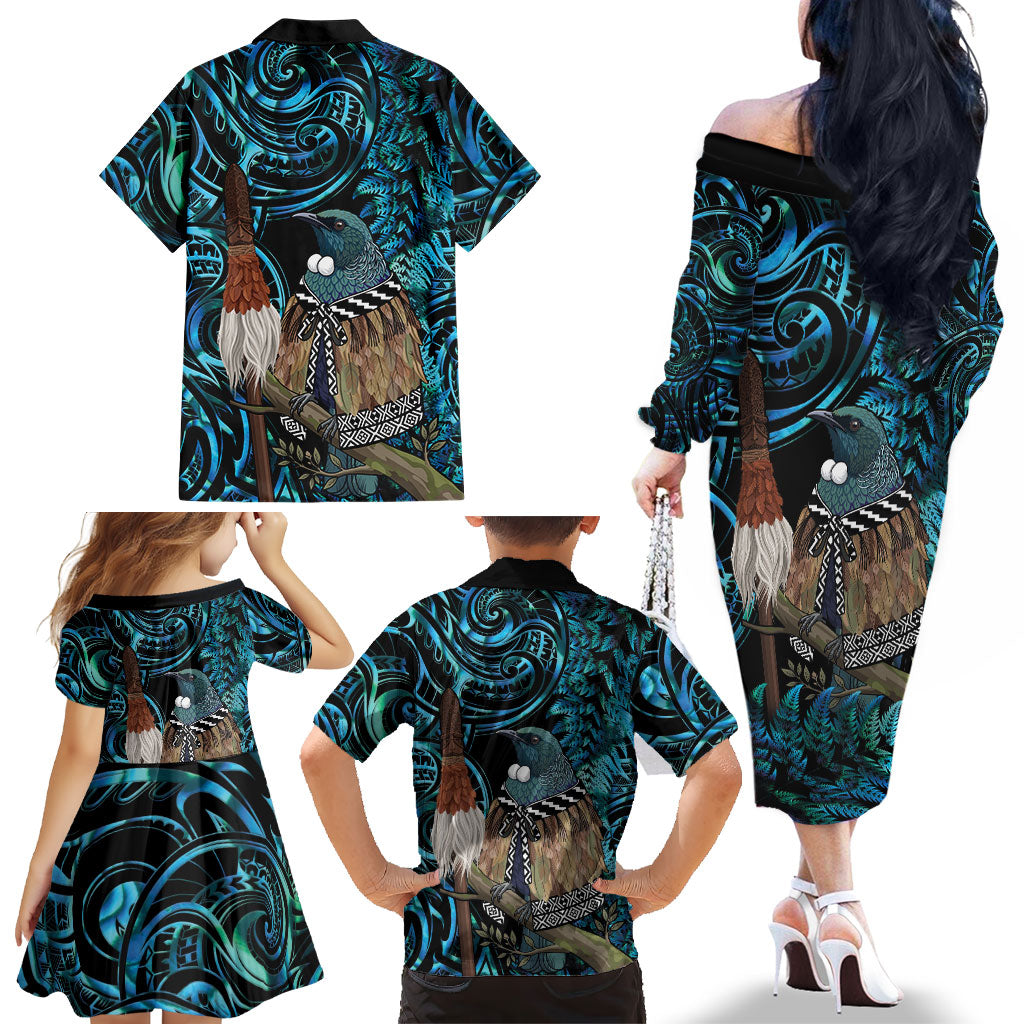 New Zealand Tui Bird Taiaha Family Matching Off The Shoulder Long Sleeve Dress and Hawaiian Shirt Maori Weapon Paua Shell Mix Silver Fern