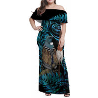 New Zealand Tui Bird Taiaha Family Matching Off Shoulder Maxi Dress and Hawaiian Shirt Maori Weapon Paua Shell Mix Silver Fern
