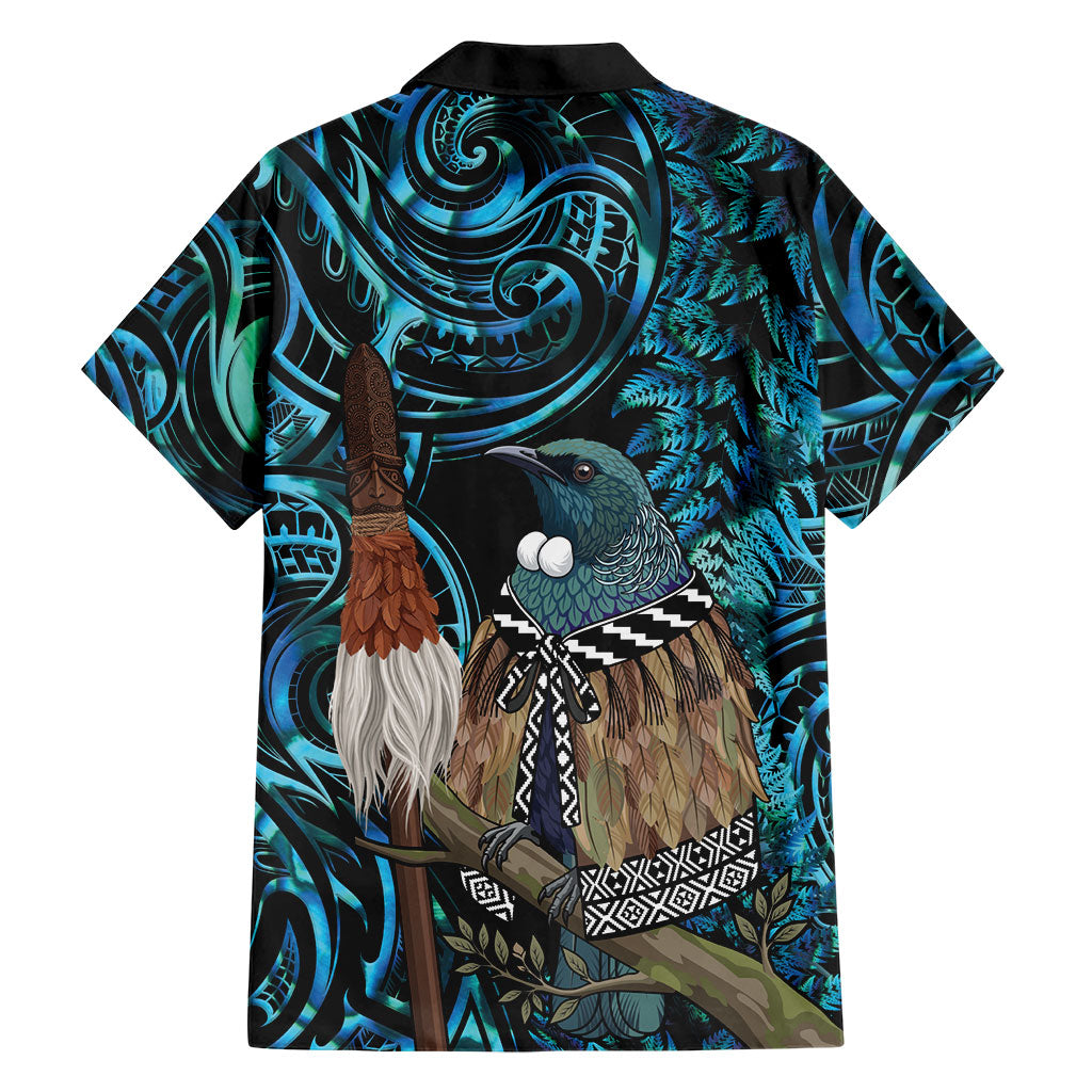 New Zealand Tui Bird Taiaha Family Matching Off Shoulder Short Dress and Hawaiian Shirt Maori Weapon Paua Shell Mix Silver Fern