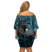 New Zealand Tui Bird Taiaha Family Matching Off Shoulder Short Dress and Hawaiian Shirt Maori Weapon Paua Shell Mix Silver Fern