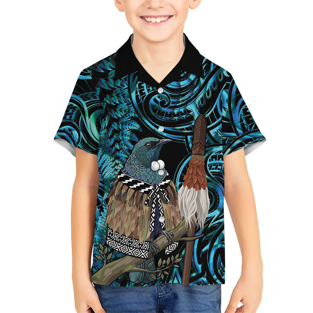 New Zealand Tui Bird Taiaha Family Matching Off Shoulder Short Dress and Hawaiian Shirt Maori Weapon Paua Shell Mix Silver Fern