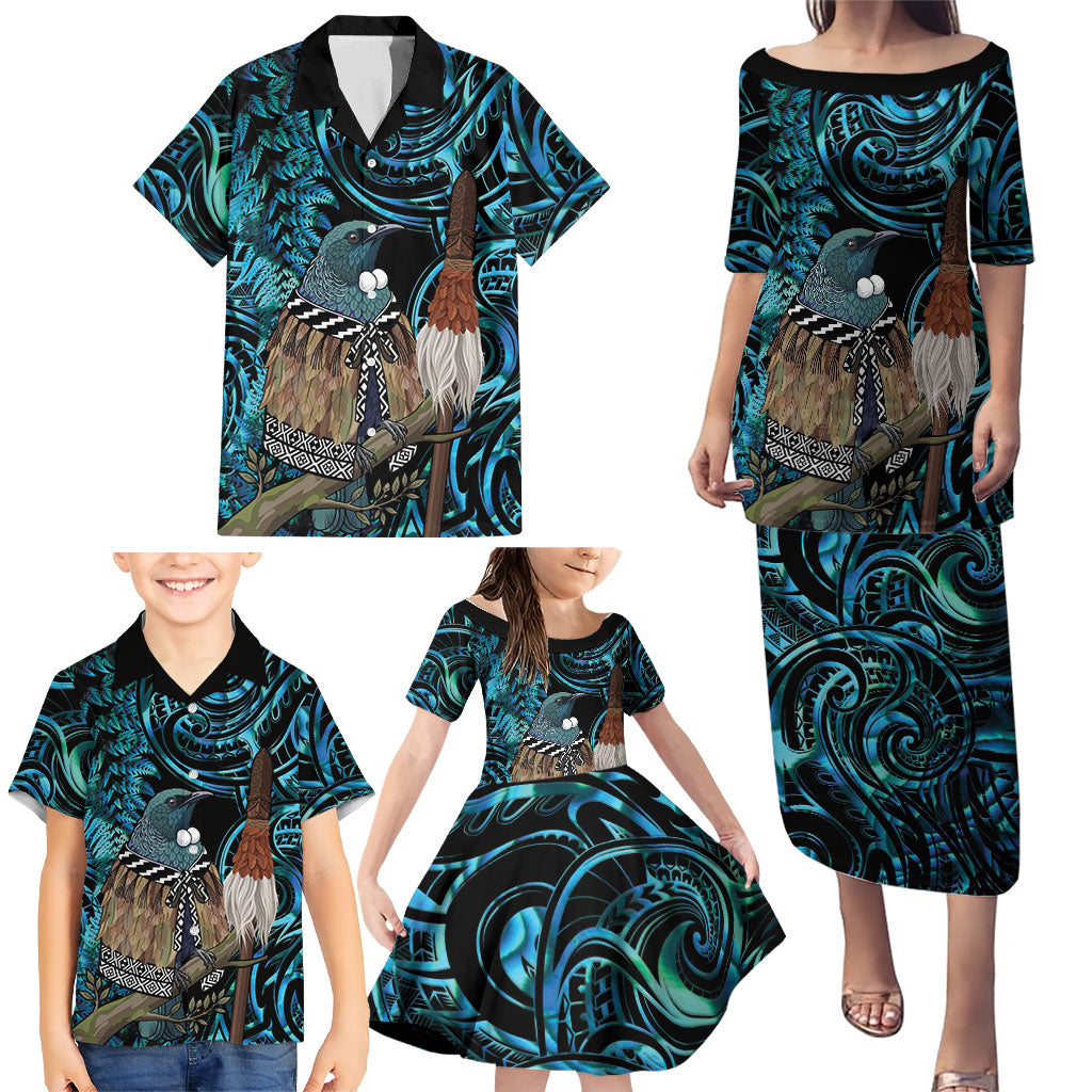 New Zealand Tui Bird Taiaha Family Matching Puletasi and Hawaiian Shirt Maori Weapon Paua Shell Mix Silver Fern LT14 - Polynesian Pride