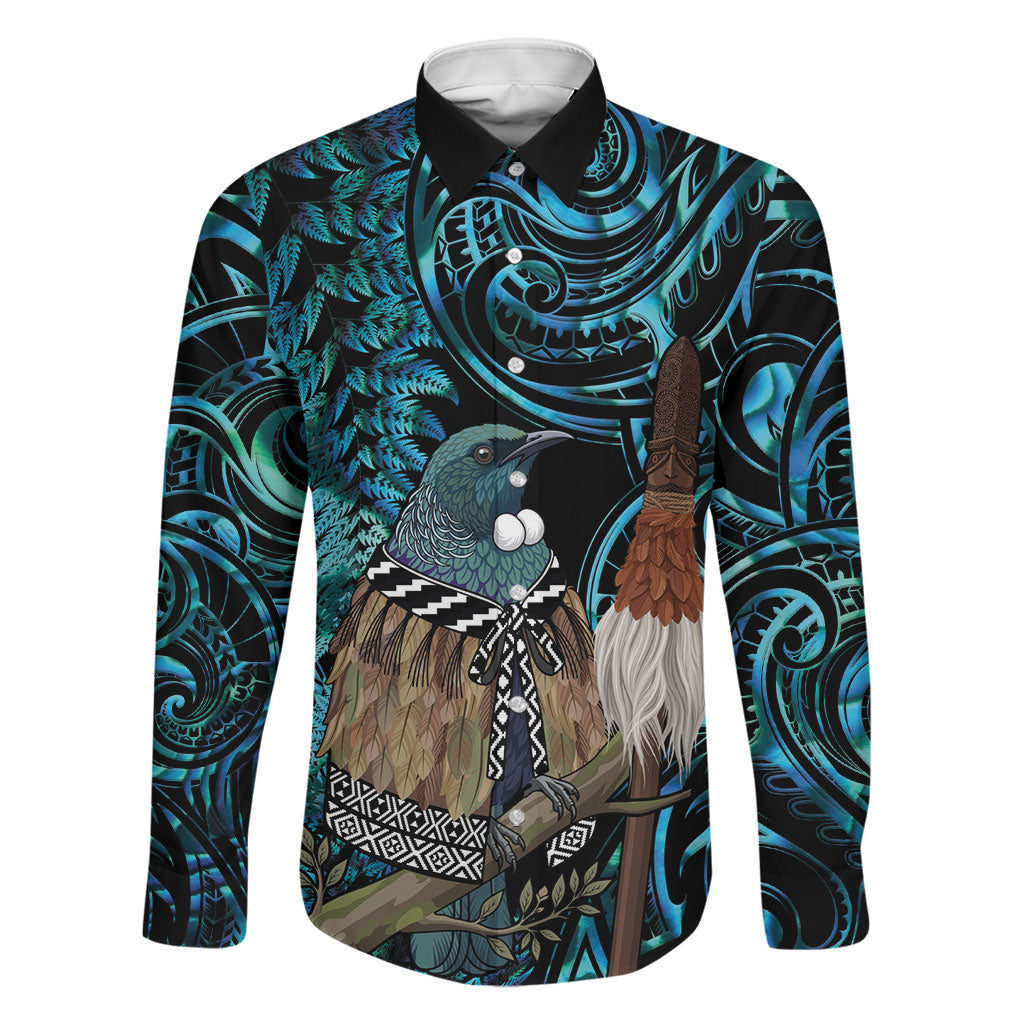 New Zealand Tui Bird Taiaha Family Matching Short Sleeve Bodycon Dress and Hawaiian Shirt Maori Weapon Paua Shell Mix Silver Fern
