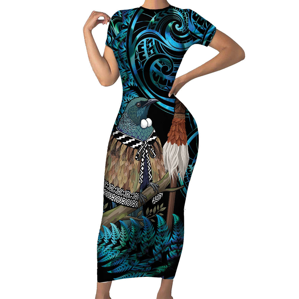 New Zealand Tui Bird Taiaha Family Matching Short Sleeve Bodycon Dress and Hawaiian Shirt Maori Weapon Paua Shell Mix Silver Fern