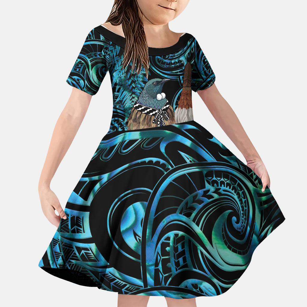 New Zealand Tui Bird Taiaha Family Matching Summer Maxi Dress and Hawaiian Shirt Maori Weapon Paua Shell Mix Silver Fern