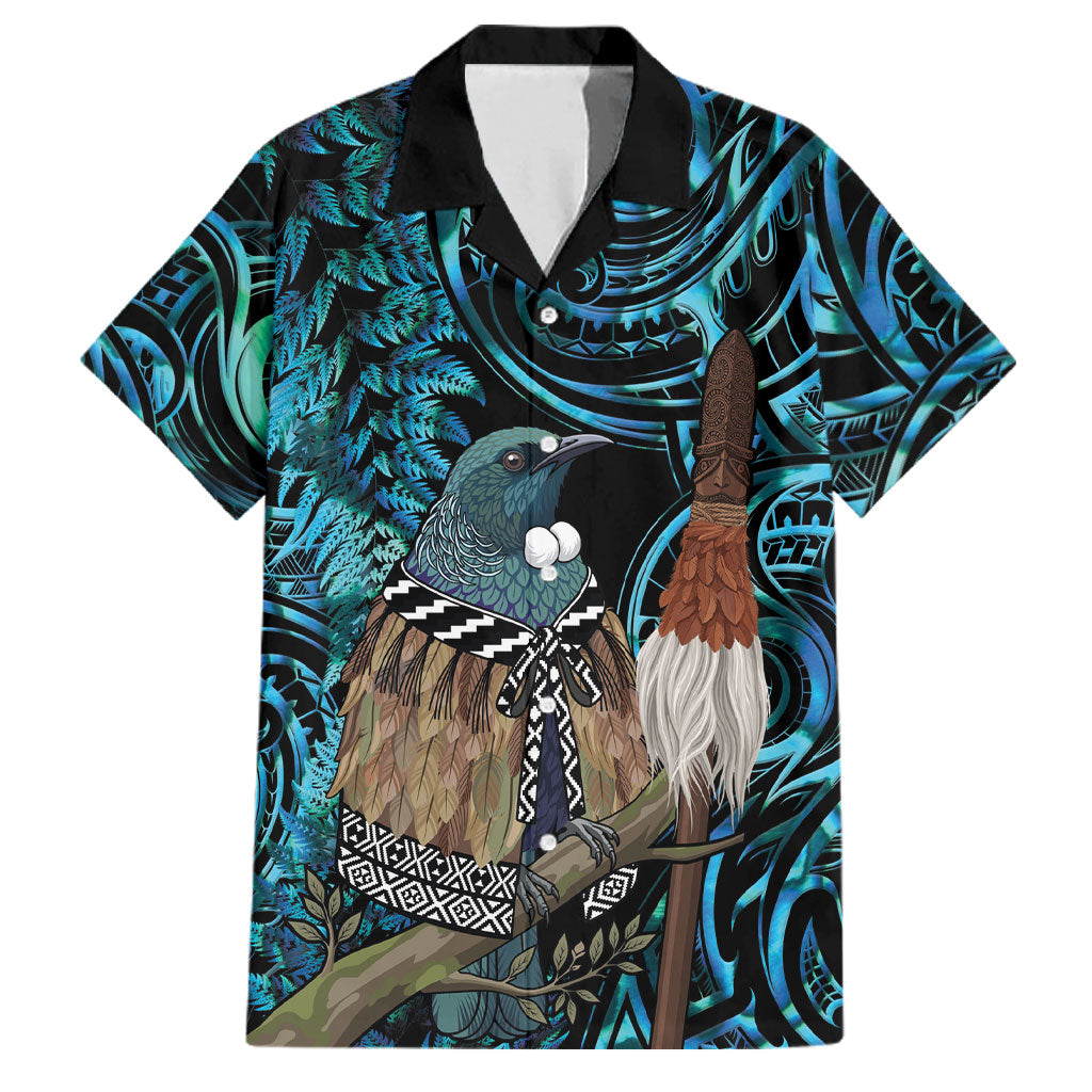 New Zealand Tui Bird Taiaha Family Matching Summer Maxi Dress and Hawaiian Shirt Maori Weapon Paua Shell Mix Silver Fern