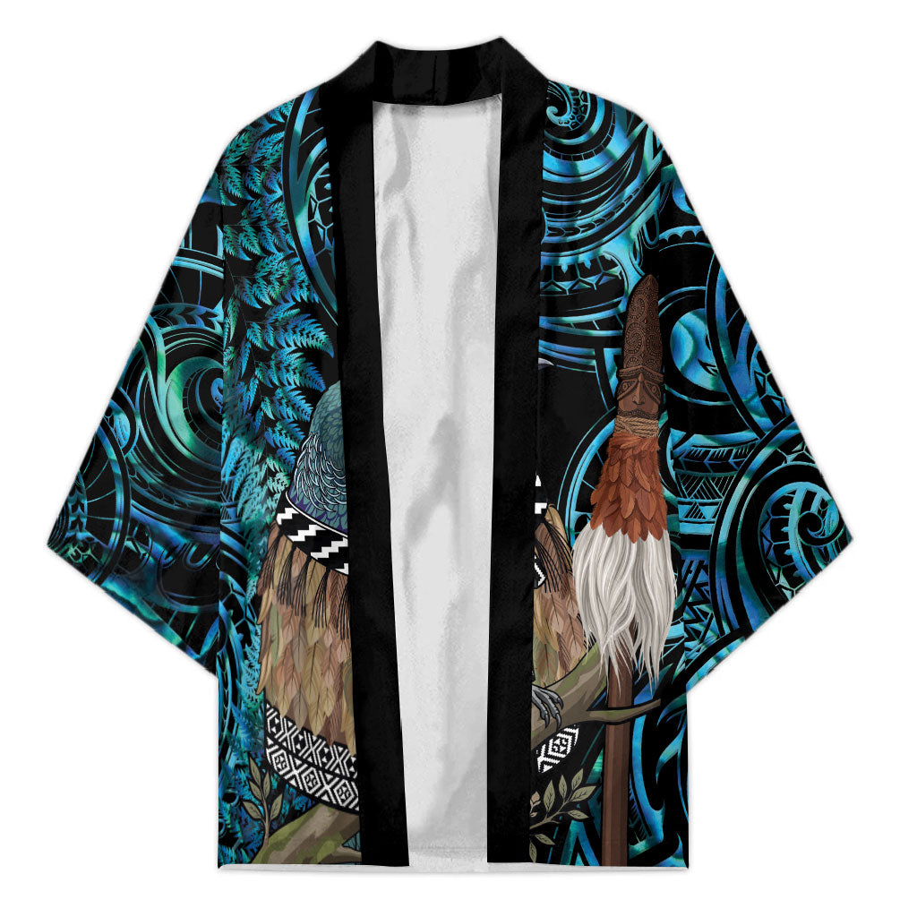 New Zealand Tui Bird Taiaha Kimono Maori Weapon Paua Shell Mix Silver Fern LT14 Unisex Turquoise - Polynesian Pride