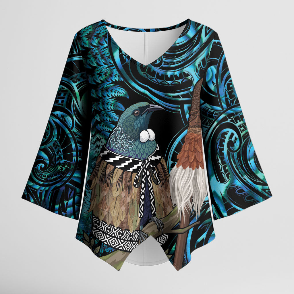 New Zealand Tui Bird Taiaha Kimono Sleeve Blouse Maori Weapon Paua Shell Mix Silver Fern