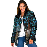 New Zealand Tui Bird Taiaha Padded Jacket Maori Weapon Paua Shell Mix Silver Fern LT14 Women Turquoise - Polynesian Pride