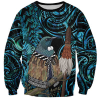 New Zealand Tui Bird Taiaha Sweatshirt Maori Weapon Paua Shell Mix Silver Fern LT14 Unisex Turquoise - Polynesian Pride