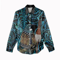 New Zealand Tui Bird Taiaha Women Casual Shirt Maori Weapon Paua Shell Mix Silver Fern