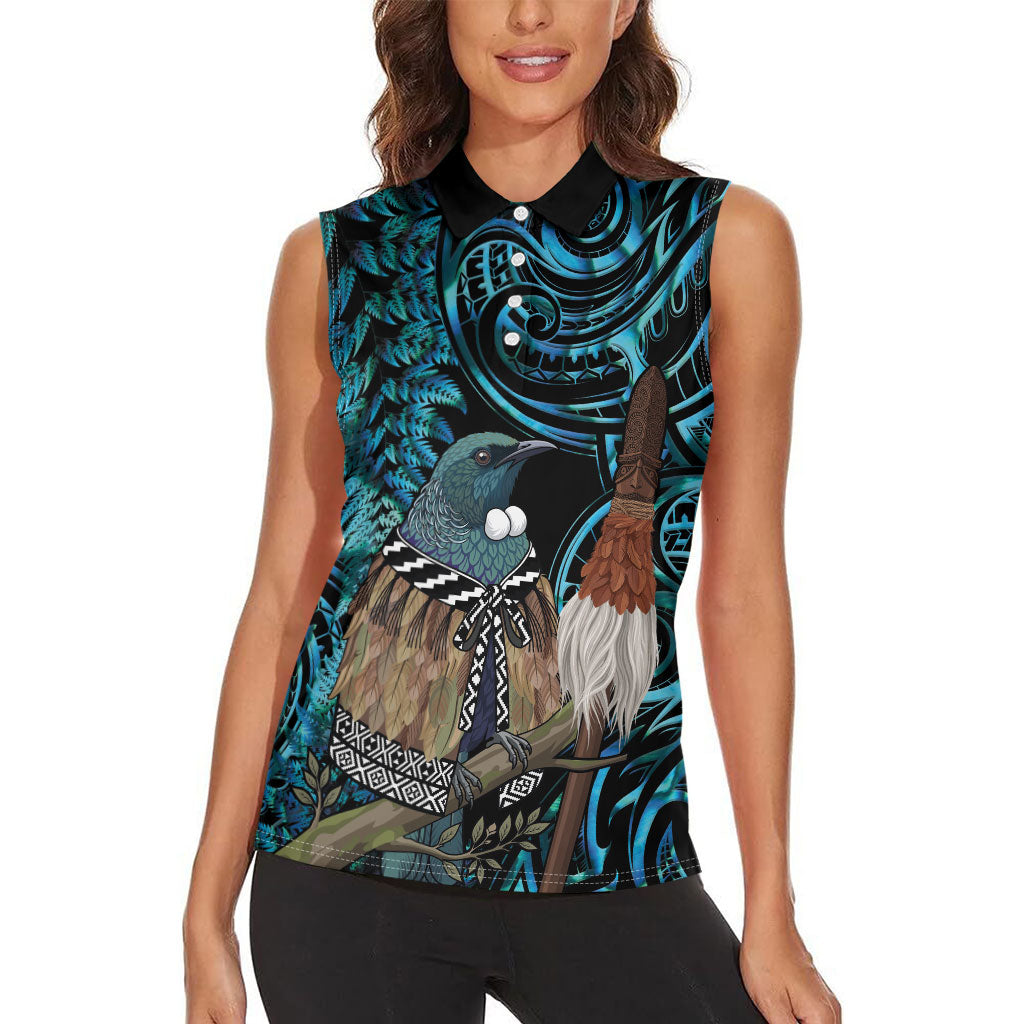 New Zealand Tui Bird Taiaha Women Sleeveless Polo Shirt Maori Weapon Paua Shell Mix Silver Fern