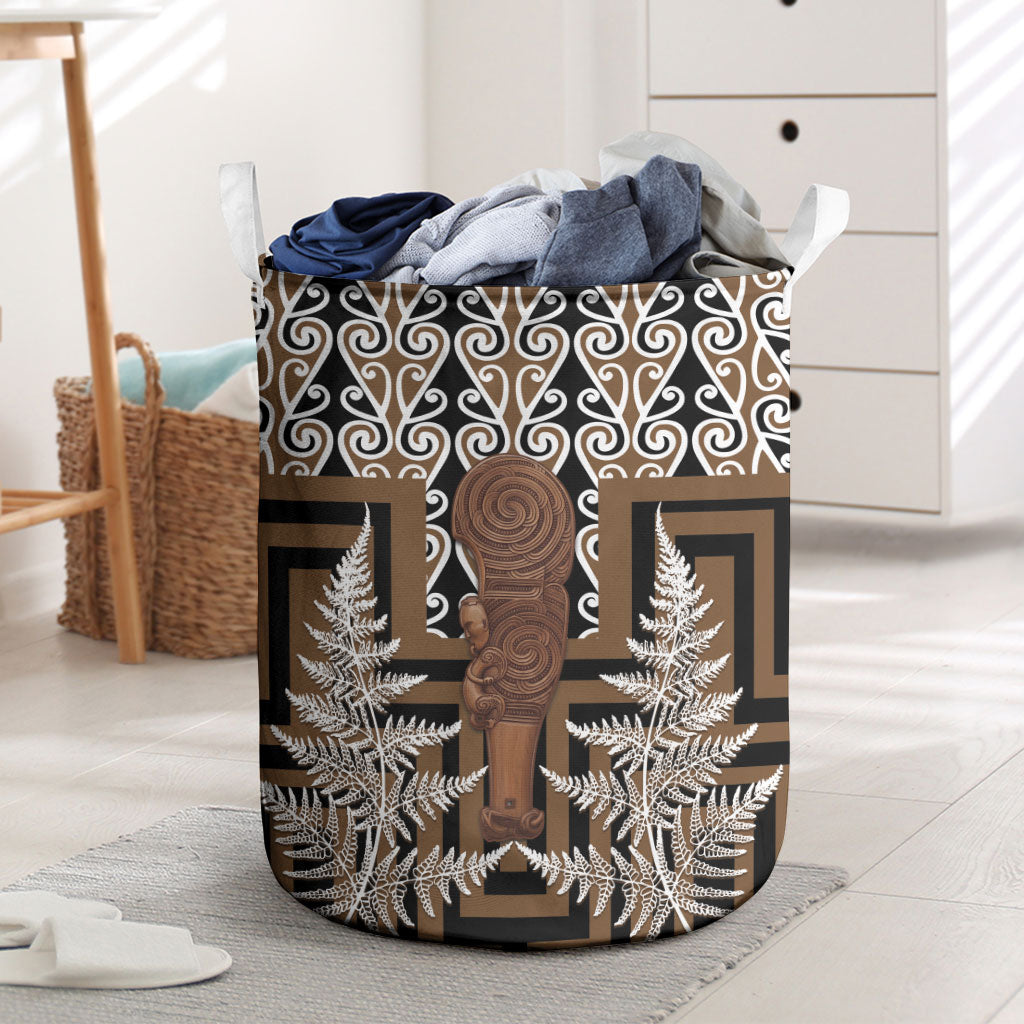 Wahaika New Zealand Laundry Basket Maori Weapon Kowhaiwhai Fern Poutama Motifs LT14 Brown - Polynesian Pride