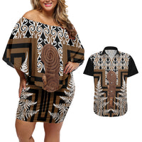 Wahaika New Zealand Couples Matching Off Shoulder Short Dress and Hawaiian Shirt Maori Weapon Kowhaiwhai Fern Poutama Motifs