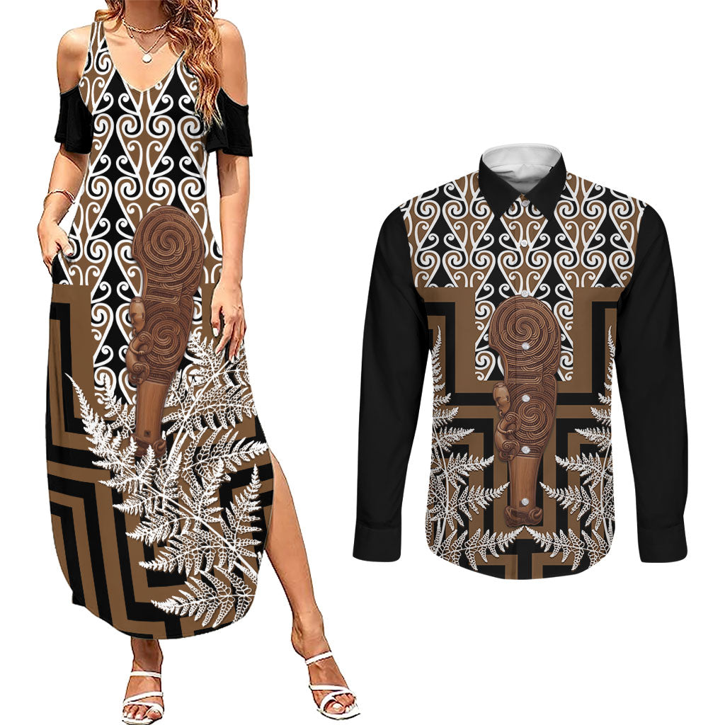 Wahaika New Zealand Couples Matching Summer Maxi Dress and Long Sleeve Button Shirt Maori Weapon Kowhaiwhai Fern Poutama Motifs LT14 Brown - Polynesian Pride
