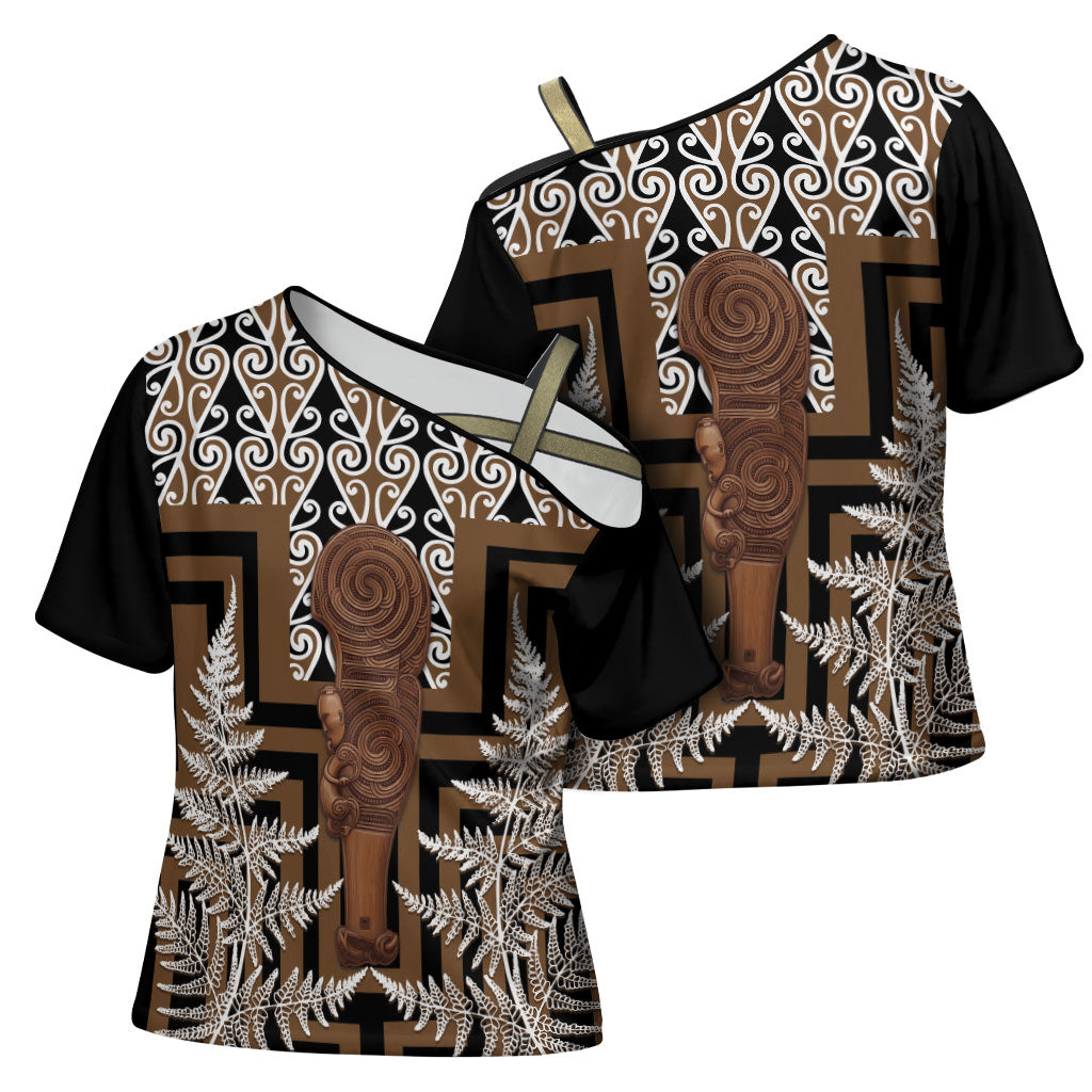 Wahaika New Zealand Cross Shoulder Shirt Maori Weapon Kowhaiwhai Fern Poutama Motifs