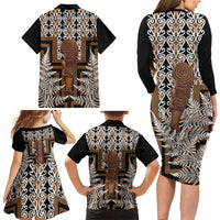 Wahaika New Zealand Family Matching Long Sleeve Bodycon Dress and Hawaiian Shirt Maori Weapon Kowhaiwhai Fern Poutama Motifs