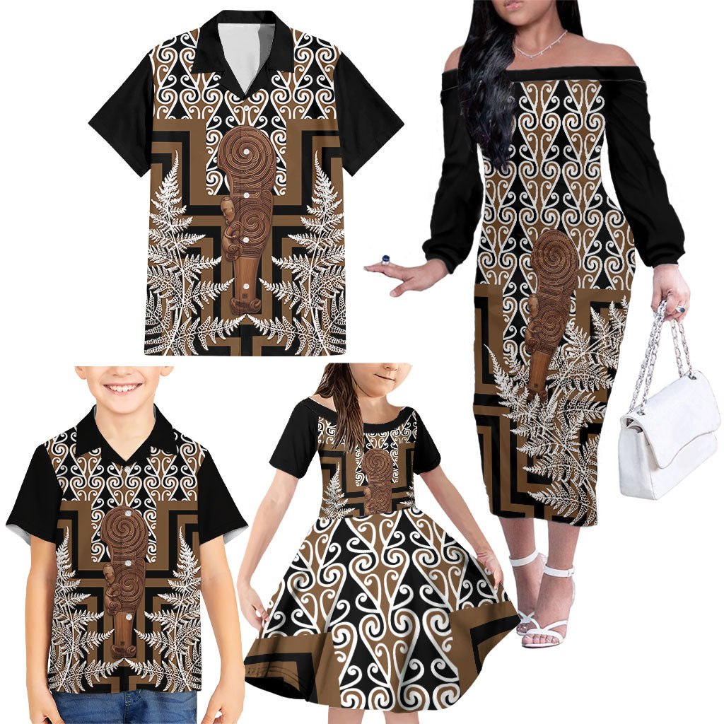 Wahaika New Zealand Family Matching Off The Shoulder Long Sleeve Dress and Hawaiian Shirt Maori Weapon Kowhaiwhai Fern Poutama Motifs LT14 - Polynesian Pride