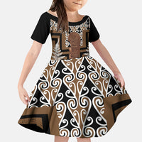 Wahaika New Zealand Family Matching Off Shoulder Short Dress and Hawaiian Shirt Maori Weapon Kowhaiwhai Fern Poutama Motifs