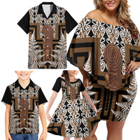 Wahaika New Zealand Family Matching Off Shoulder Short Dress and Hawaiian Shirt Maori Weapon Kowhaiwhai Fern Poutama Motifs