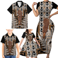 Wahaika New Zealand Family Matching Short Sleeve Bodycon Dress and Hawaiian Shirt Maori Weapon Kowhaiwhai Fern Poutama Motifs