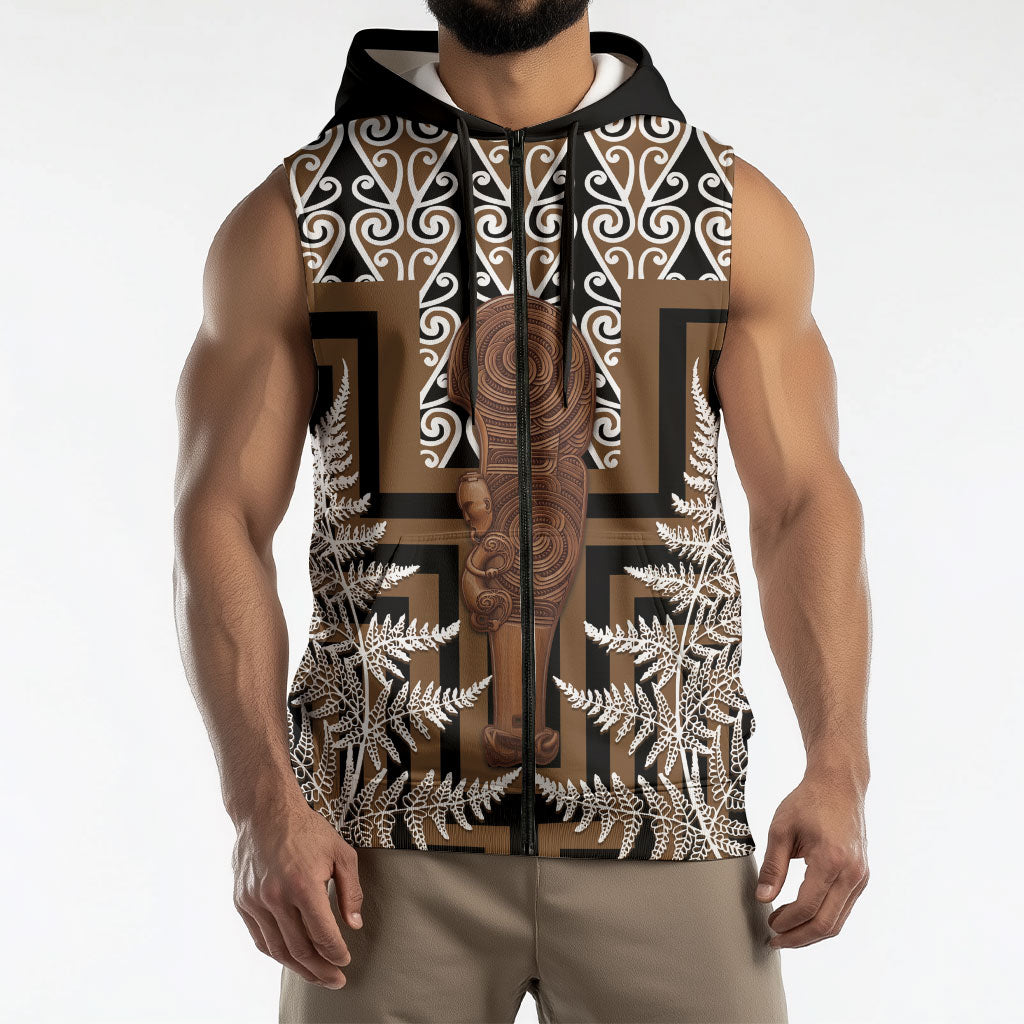 Wahaika New Zealand Sleeveless Zip Hoodie Maori Weapon Kowhaiwhai Fern Poutama Motifs