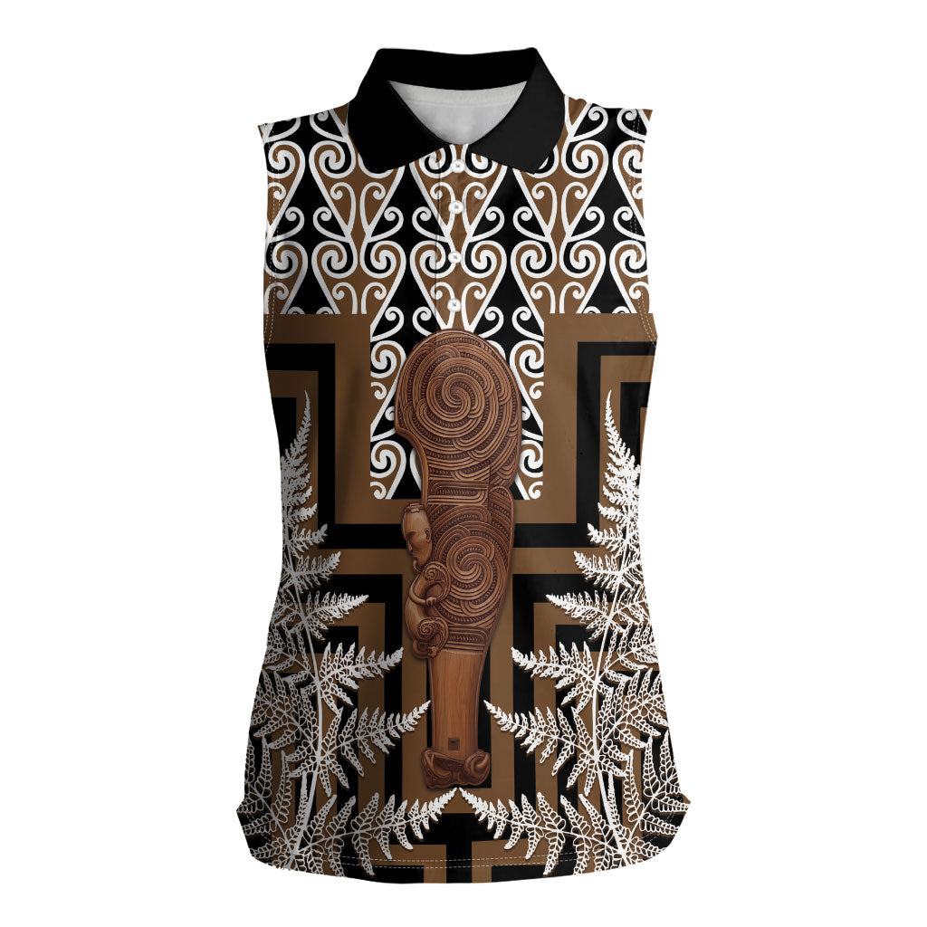 Wahaika New Zealand Women Sleeveless Polo Shirt Maori Weapon Kowhaiwhai Fern Poutama Motifs LT14 Female Brown - Polynesian Pride