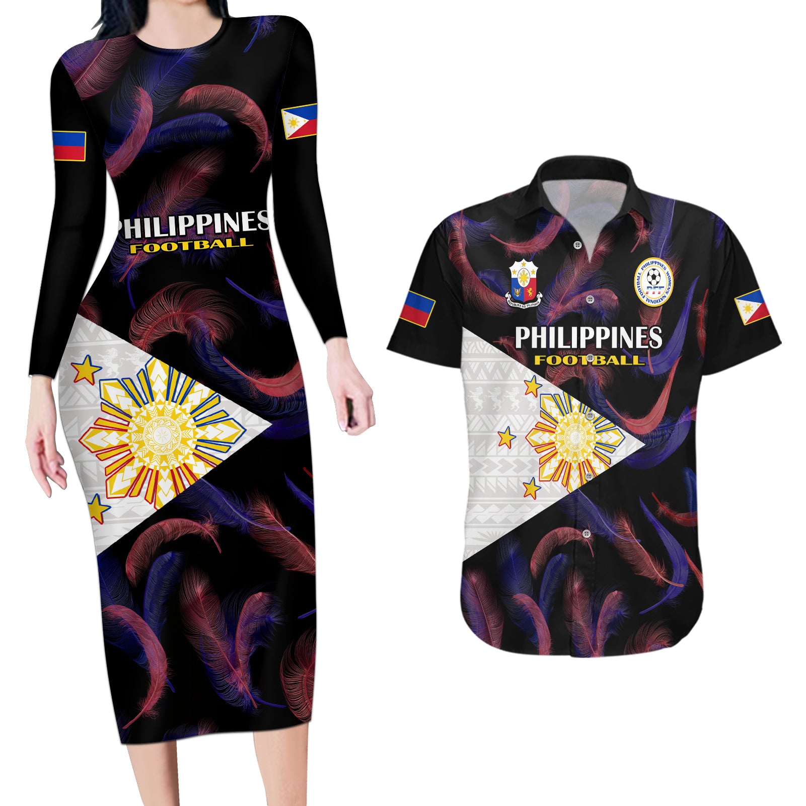 Philippines Football Couples Matching Long Sleeve Bodycon Dress and Hawaiian Shirt 2023 World Cup Go Filipinas Feather Black Version LT14 Black - Polynesian Pride