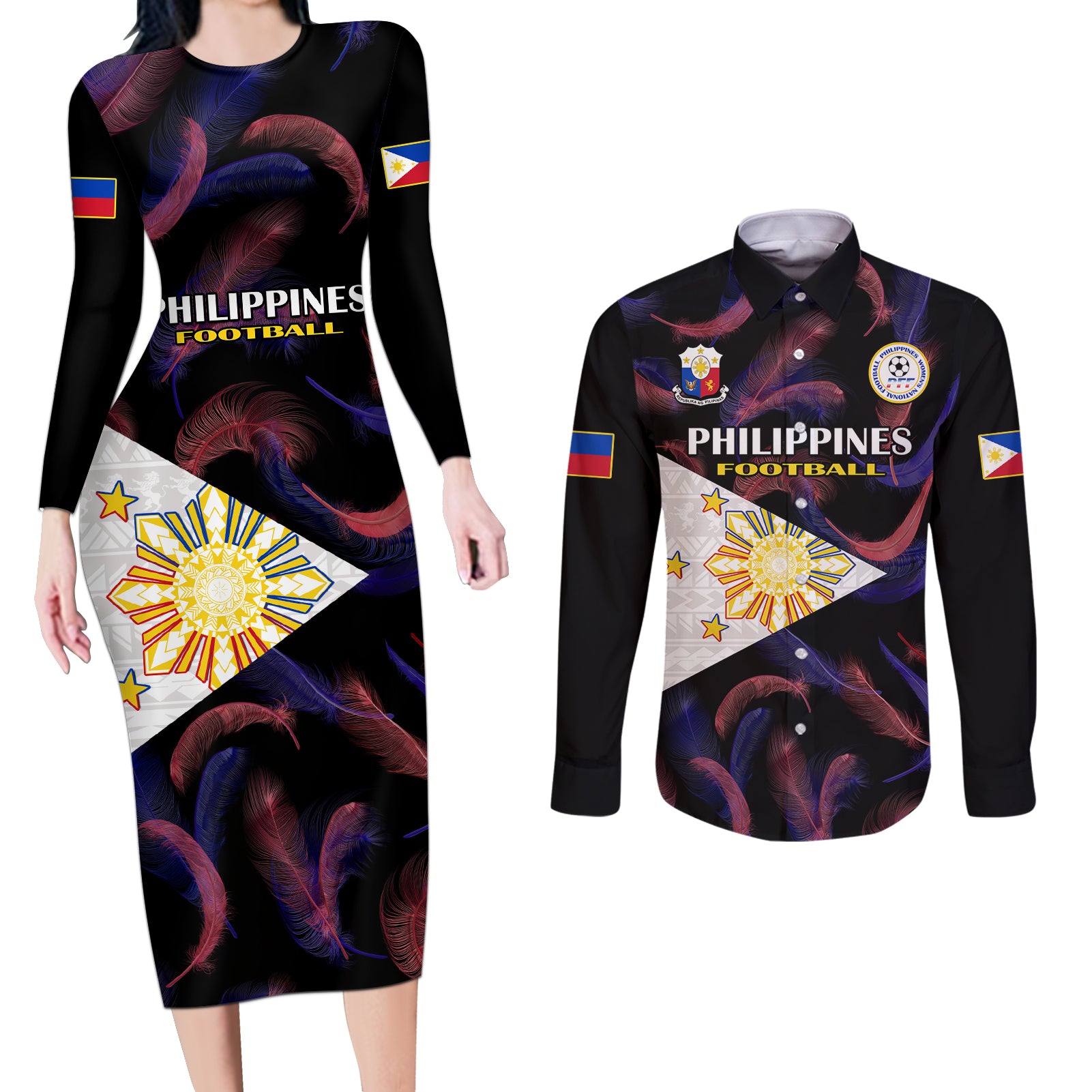 Philippines Football Couples Matching Long Sleeve Bodycon Dress and Long Sleeve Button Shirts 2023 World Cup Go Filipinas Feather Black Version LT14 Black - Polynesian Pride