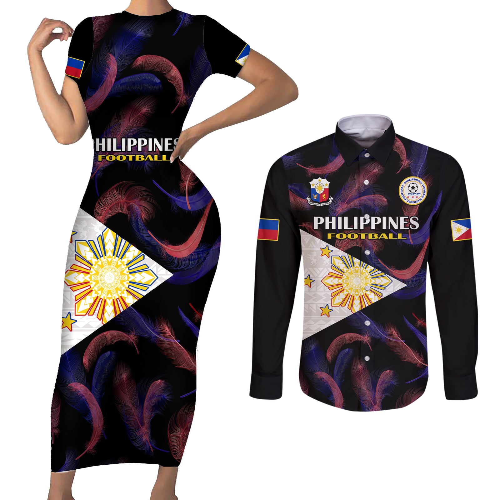 Custom Philippines Football Couples Matching Short Sleeve Bodycon Dress and Long Sleeve Button Shirts 2023 World Cup Go Filipinas Feather Black Version LT14 Black - Polynesian Pride