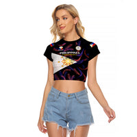 Custom Philippines Football Raglan Cropped T Shirt 2023 World Cup Go Filipinas Feather Black Version LT14 Female Black - Polynesian Pride