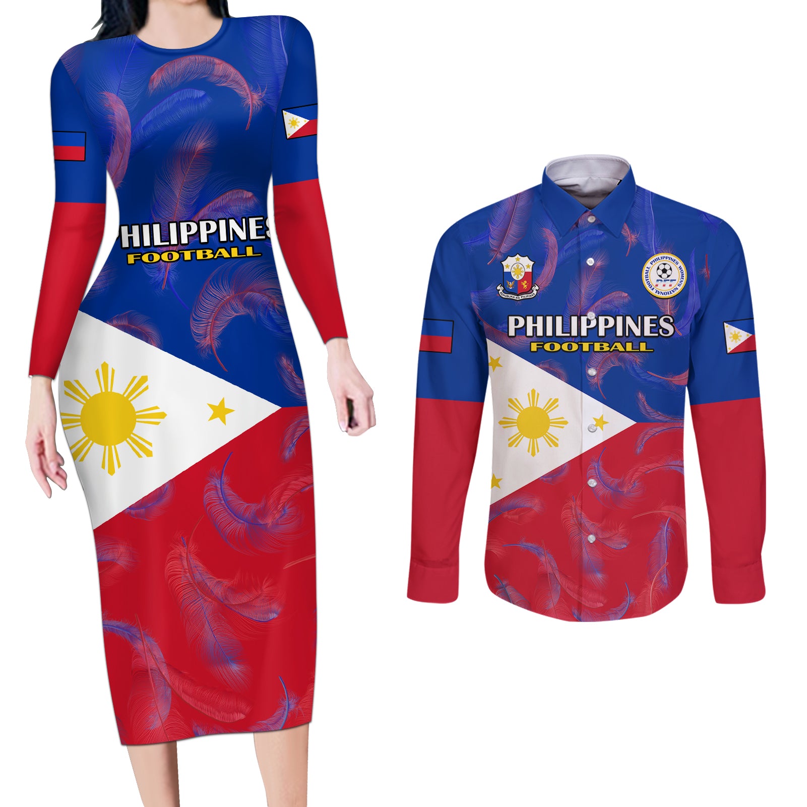 Philippines Football Couples Matching Long Sleeve Bodycon Dress and Long Sleeve Button Shirts 2023 World Cup Go Filipinas Feather Flag Version LT14 Blue - Polynesian Pride