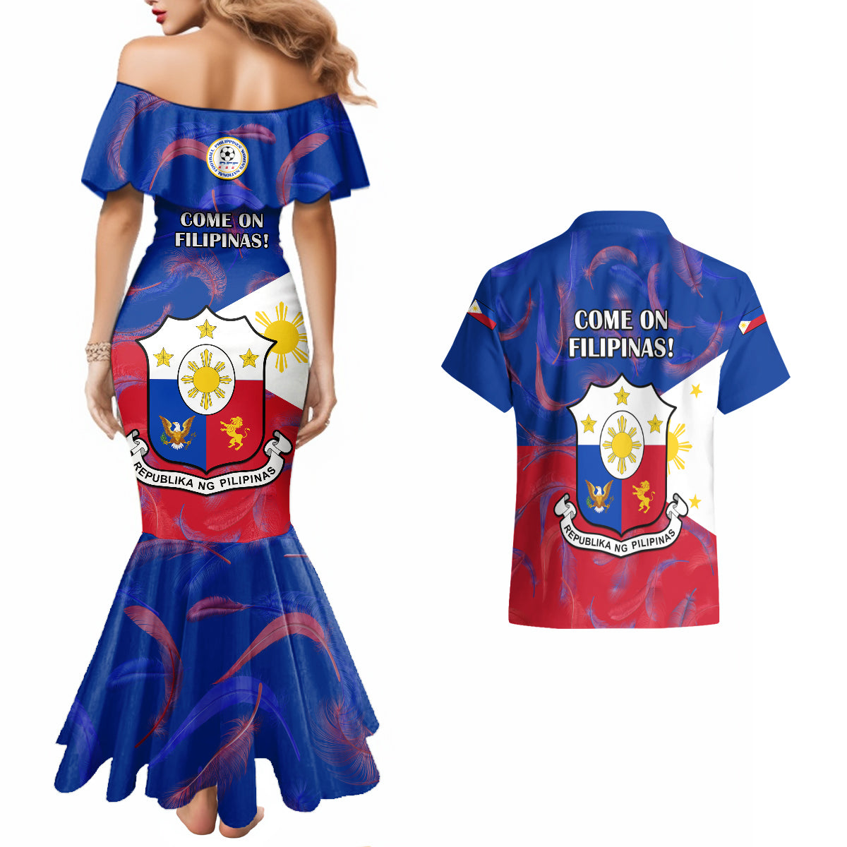 Philippines Football Couples Matching Mermaid Dress And Hawaiian Shirt 2023 World Cup Go Filipinas Feather Flag Version LT14 - Polynesian Pride