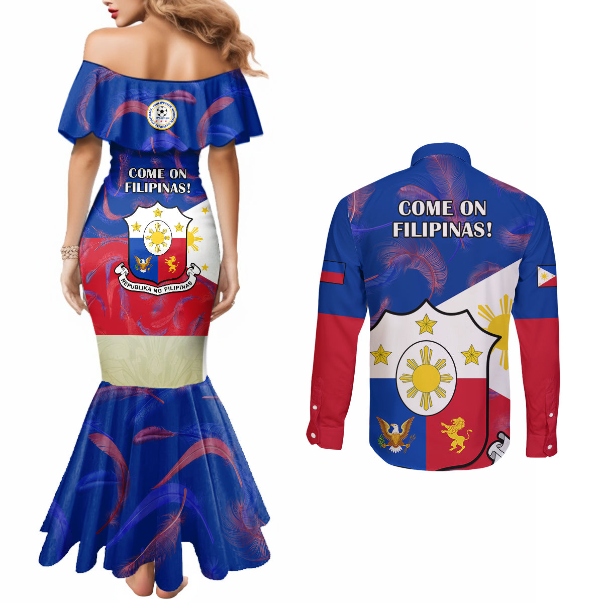 Philippines Football Couples Matching Mermaid Dress and Long Sleeve Button Shirts 2023 World Cup Go Filipinas Feather Flag Version LT14 - Polynesian Pride