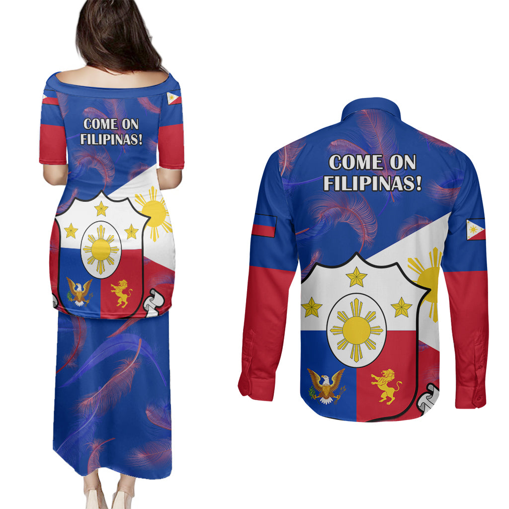 Philippines Football Couples Matching Puletasi Dress and Long Sleeve Button Shirts 2023 World Cup Go Filipinas Feather Flag Version LT14 - Polynesian Pride