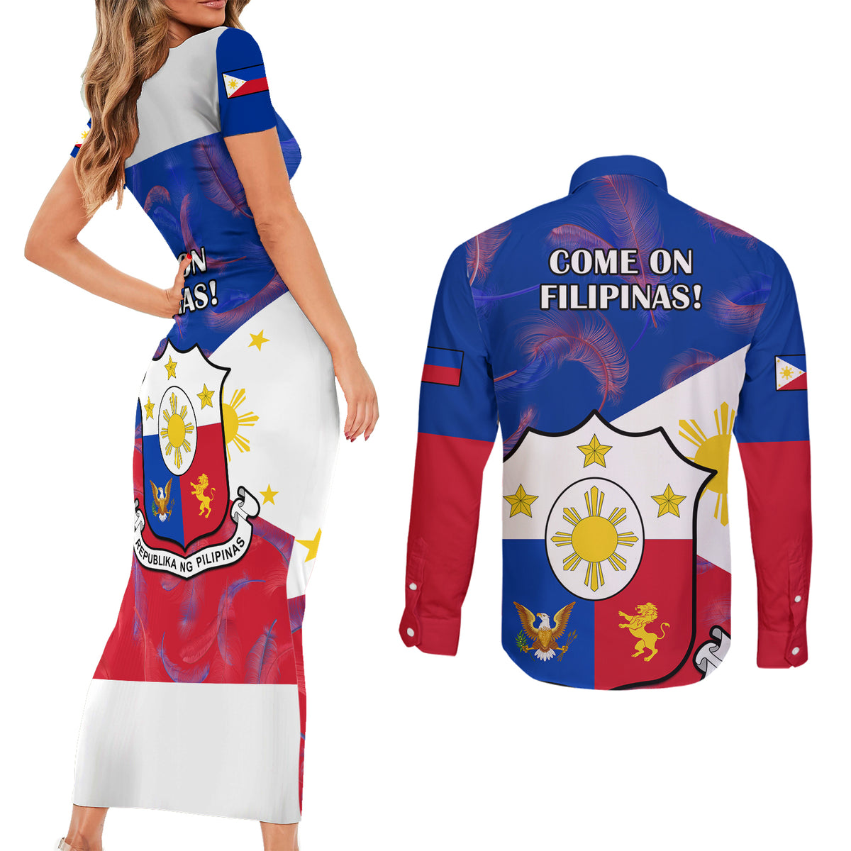 Philippines Football Couples Matching Short Sleeve Bodycon Dress and Long Sleeve Button Shirts 2023 World Cup Go Filipinas Feather Flag Version LT14 - Polynesian Pride