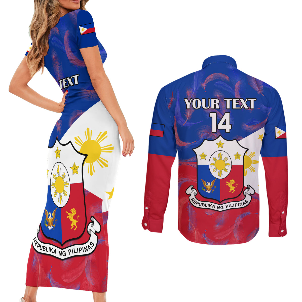 Custom Philippines Football Couples Matching Short Sleeve Bodycon Dress and Long Sleeve Button Shirts 2023 World Cup Go Filipinas Feather Flag Version LT14 - Polynesian Pride