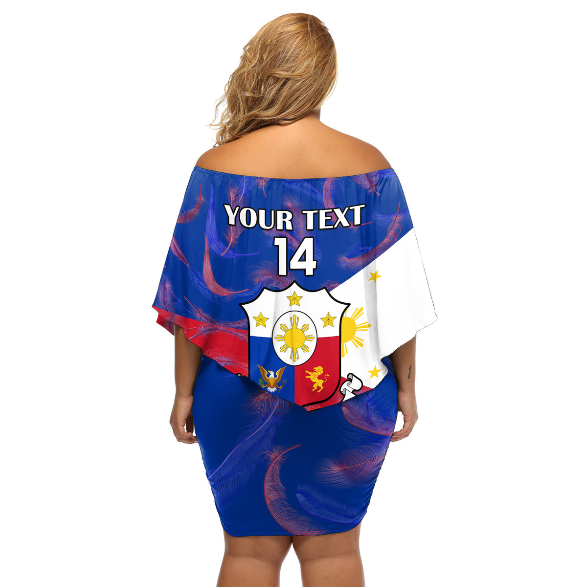 Custom Philippines Football Off Shoulder Short Dress 2023 World Cup Go Filipinas Feather Flag Version LT14 - Polynesian Pride