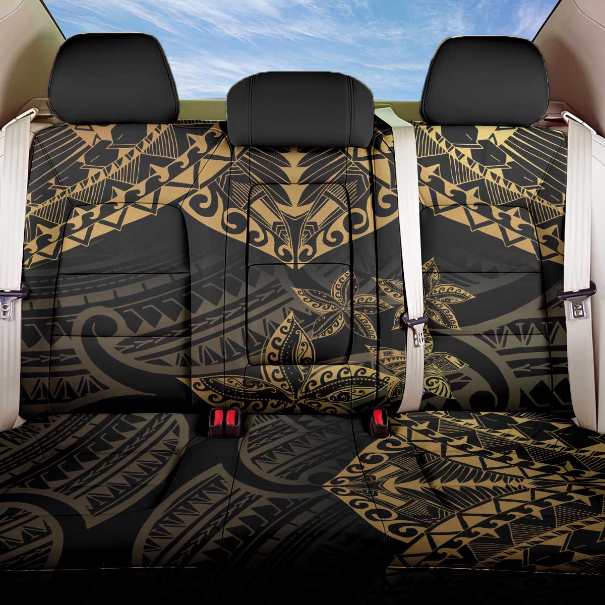 Black and Gold Polynesia Back Car Seat Cover Plumeria Tattoo With Polynesian Pattern