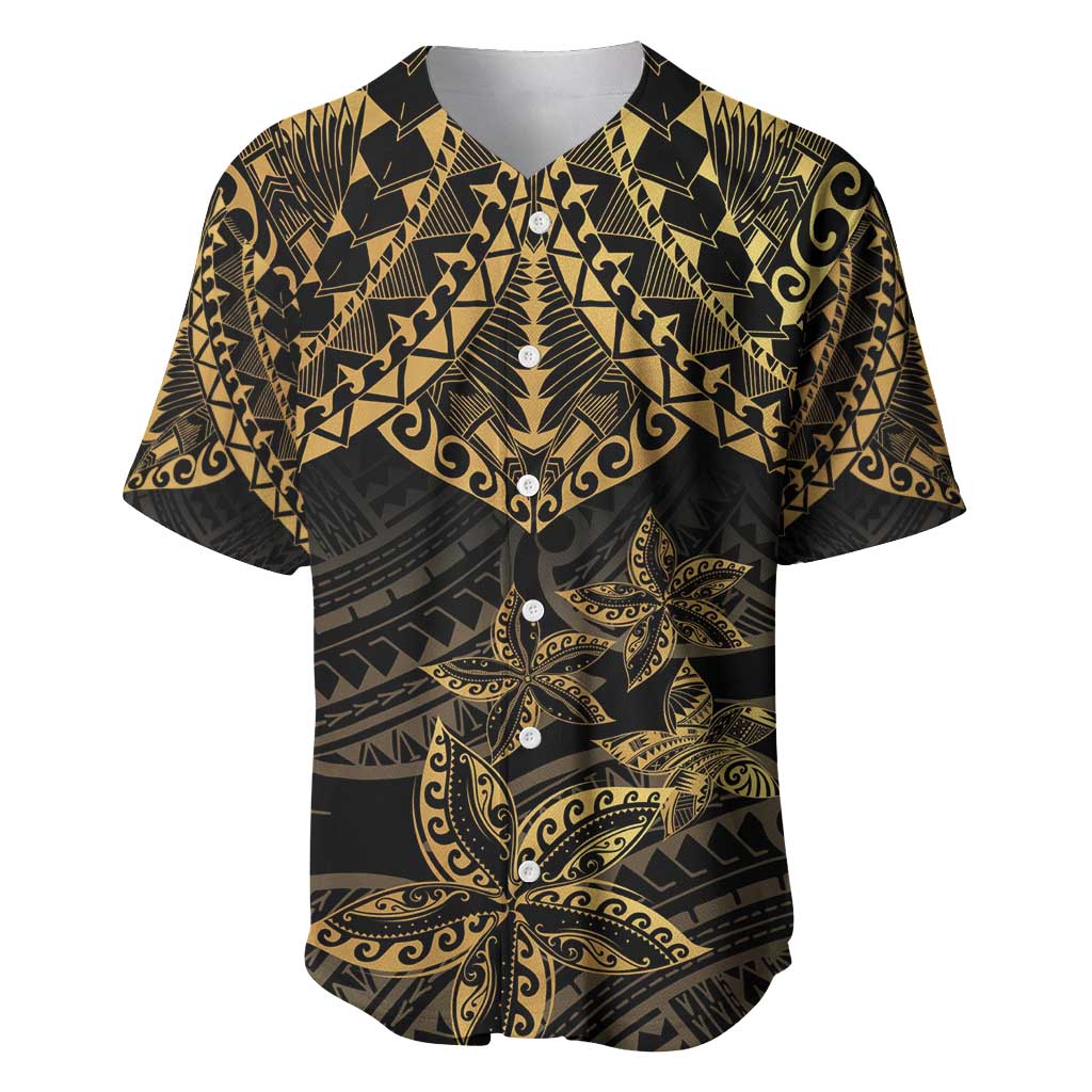 Black and Gold Polynesia Baseball Jersey Plumeria Tattoo With Polynesian Pattern