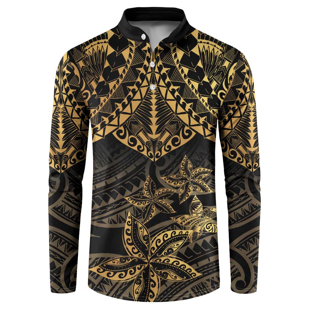 Black and Gold Polynesia Button Sweatshirt Plumeria Tattoo With Polynesian Pattern