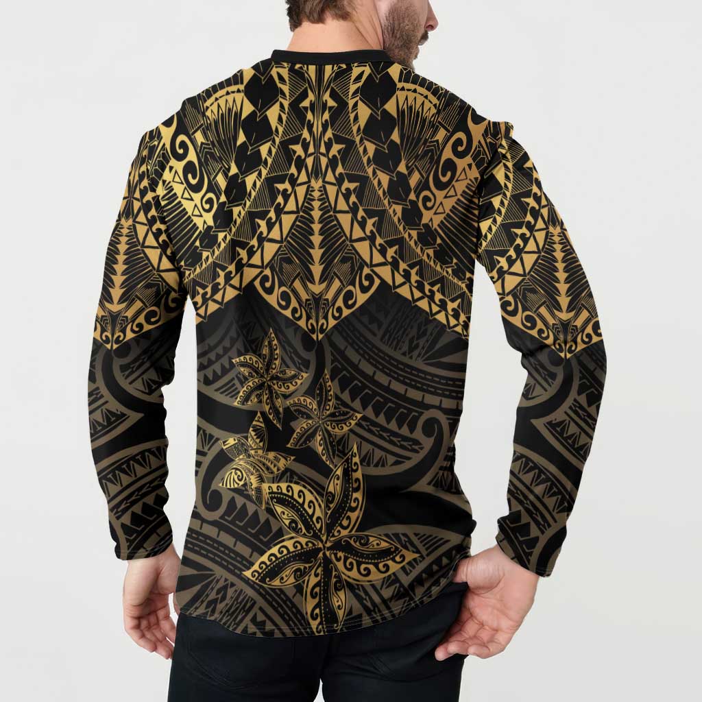 Black and Gold Polynesia Button Sweatshirt Plumeria Tattoo With Polynesian Pattern